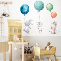 Cartoon Bunny Balloon Wall Stickers For Home Decoration Bedroom Kids Baby Rooms Decor Cute Animal Wallpaper Self Adhesive Poster