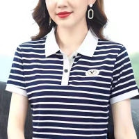 5XL เสื้อสตรีแขนสั้นสตรีขนาดใหญ่ลายทางทรงหลวมเสื้อ Wanita Baju เสื้อไนลอนโปโลฤดูร้อน #1801