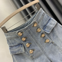 กางเกงขาม้าดัดผมทรงเอไลน์สำหรับผู้หญิง2023ใหม่ Celana Pendek Denim แฟชั่นกระดุมสองแถว