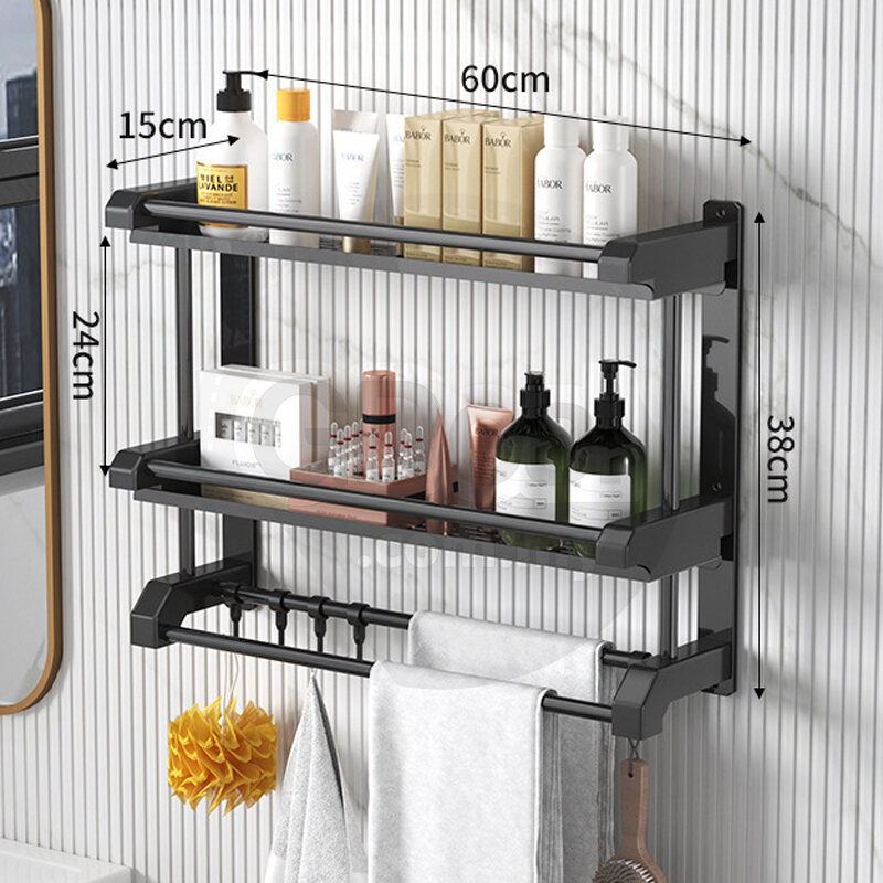 Sancy 2 Layers Kitchen Bathroom Wall Mounted Storage Rack Punch Free Shelf Organizer With Hooks - Fulfilled by Sancy