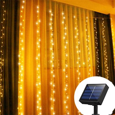 Solar Powered 300 LED Window Curtain Fairy Lights Copper Wire String Lights for Outdoor Wedding Party Garden Bedroom Decoration