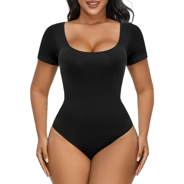 Seamless Short Sleeve Bodysuit for Women Tummy Control Shapewear Thong  Sculpting Body Shaper Square Neck Short Sleeves Body Suit