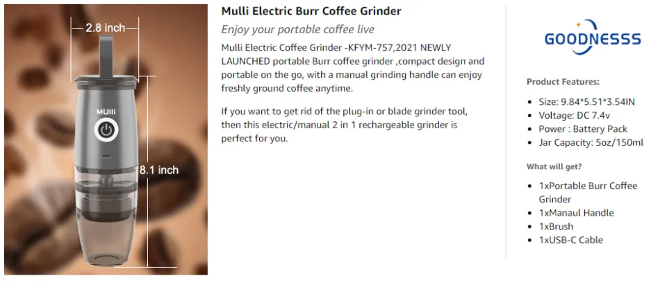 Mulli Portable Burr Coffee Grinder,Electric/Manual 2-in-1 Cafe Grind,  Adjustable Burr Mill with 5 Precise Grind Setting for  Drip/Espresso/PourOver and
