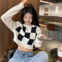 Hot Girl Contrast Color Checkered Sweater Autumn Winter Korean Version Short Style Careful Machine Navel-Exposed Knit Long-Sleeved T-Shirt Top Outer Wear Kn