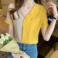 AMMIN V-neck single pocket single-breasted two-color stitching commuter chiffon shirt women 2021 summer new style personality design short-sleeved elegant OL blouse tops in hot