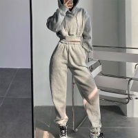 Womens Tracksuit Crop Top Hoodies Two Pieces Set High Waist Pullover Hooded Joggers Suit Female  Autumn Lady Sportwear Sets