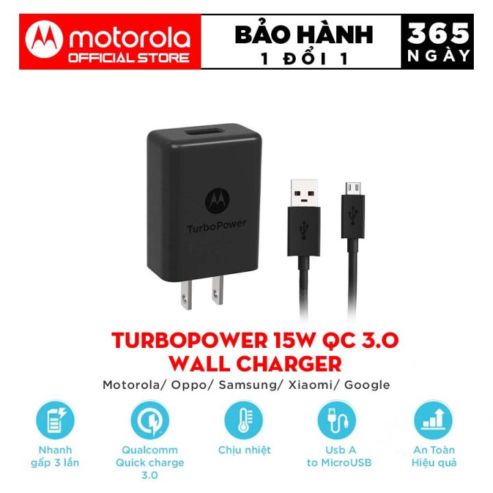 Bộ Sạc Cáp Motorola TurboPower 15+ Wall Charger - Cổng sạc USB 15W - USB A  to TypeC/Micro  - Hỗ trợ sạc nhanh - dây sạc 1m - Bảo hành 12 tháng  