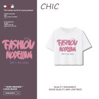 เสื้อสั้นหลวม CHIC ผ้าฝ้ายแท้ เสื้อยืดแขนสั้นพิมพ์ลายตัวอักษร A0347