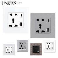 UNKAS Type-C USB Port Socket 3100mA Smart Quick Charge Glass Plastic Aluminum Stainless Steel Panel Universal 5 Hole Pin Outlet