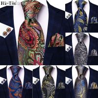 ❁◕ Hi-Tie Red Pureple Paisley Mens Ties Hanky Cufflinks Set Silk Necktie For Men Wedding Party Business 2022 New Fashion Brand