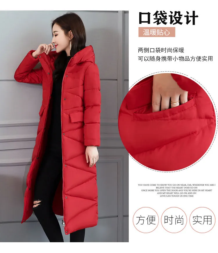 Winter Hooded Women's Cotton Padded Mid-length Solid Color Slim