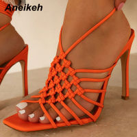 Aneikeh Hand Design Weave Hollow STILETTO Heels Sandals y Summer High Heels Ladies Sandals Cross-tied Open Toe Shoes 35-42