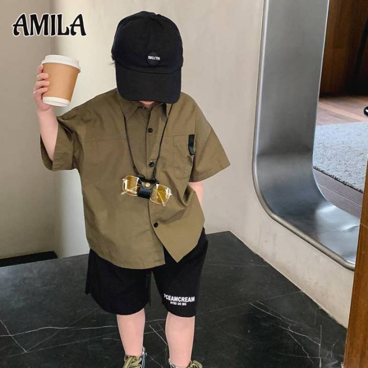 amila-เสื้อแขนสั้นเด็กผู้ชาย-เสื้อผ้าเด็กห้าแขนเสื้อลำลองขนาดกลางแนววินเทจแนวญี่ปุ่นเสื้อเชิ้ตเซนอเนกประสงค์