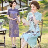 Mothers Day mothers summer western style printed chiffon dress middle-aged and elderly womens temperament Chinese style short-sleeved cheongsam dress