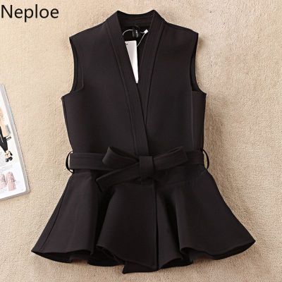 Neploe Ruffles Tank Tops Women Korean V Neck Sleeveless Office Lady Camis Spring 2022 Solid Lace Up Slim Fit Female Vest 1B502