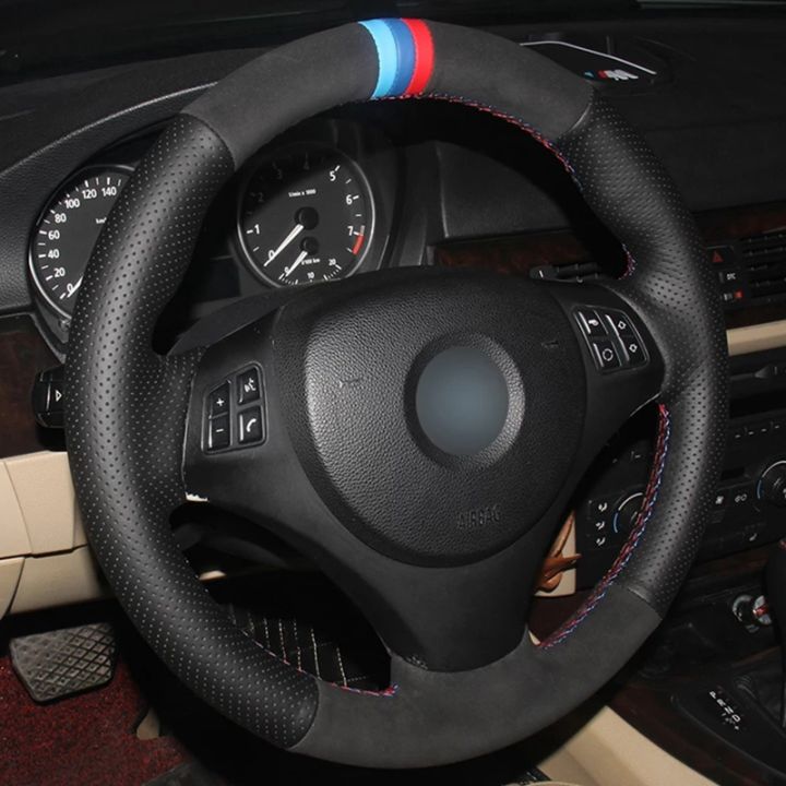 car-steering-wheel-cover-hand-stitched-soft-black-genuine-leather-black-suede-for-bmw-e90-320i-325i-330i-335i-e87-120i-130i-120d