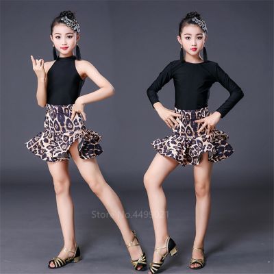 ❖ Girls Latin Dance Leopard Print Fringe Dress Kids Ballroom Competition Evening Party Stage Performance Clothing Top Skirt Set