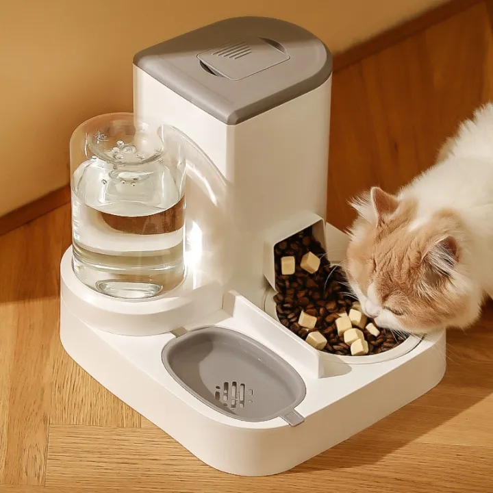 เครื่องจ่ายอาหารอัตโนมัติชามสำหรับแมวสัตว์เลี้ยงแบบ2-in-1ชามอาหารสุนัขพร้อมน้ำพุแมวชามใส่น้ำนักดื่มน้ำกระเด็น