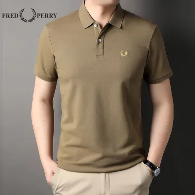 Fred Perry เสื้อโปโลของผู้ชายเสื้อยืดสีทึบตัวหนาแขนสั้นลำลองธุรกิจข้าวสาลี2023ฤดูร้อน