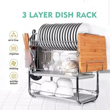  3-Tier Dish Drying Rack, Stainless Steel Dish Racks for  Kitchen Counter, Dish Drainers with Knife Holder, Hooks, Kitchen Supplies  Storage Shelf, with Drain Pan (63cm)