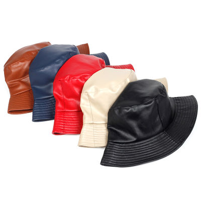 PU Leather Outdoor Waterproof Bucket Hat Unisex Flat Hip-hop Hats Solid Color Leisure Fishing Sun Cap Fisherman Caps Truck Driver Accessories