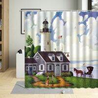 Europe and America Rural Painting Shower Curtain Landscape Building Houses Carriage Bathroom Home Decorative Cloth Washable