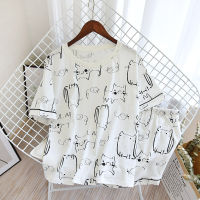 New summer cotton knitted short-sleeved shorts pajamas two-piece thin short-sleeved suit cartoon cat home service set sleepwear