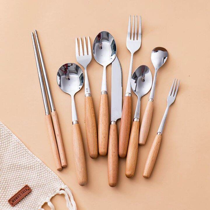 Wood Stainless Steel Cutlery Set Wooden Handle Flatware Knife Fork