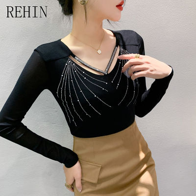 REHIN เสื้อผู้หญิงผ้าตาข่ายคอวีกลวง,เสื้อเบลาส์แขนยาวอเนกประสงค์เสื้อผู้หญิงผ้าตาข่ายมาใหม่ล่าสุดฤดูใบไม้ร่วง
