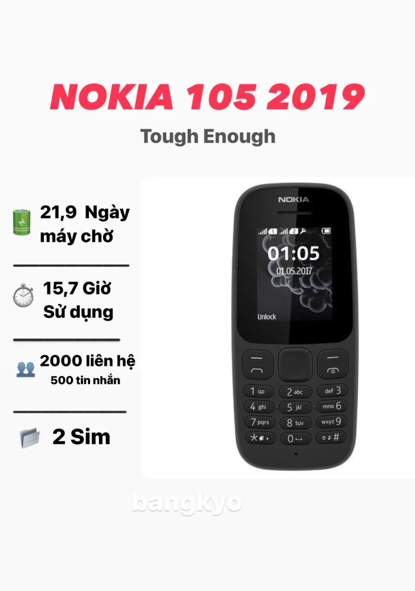 ĐIỆN THOẠI NOKIA 105 TA-1174 DUAL SIM ĐỦ MÀU XANH ĐEN ĐỜI MỚI 2019 NGUYÊN  ZIN [KÈM SẠC & PIN] 