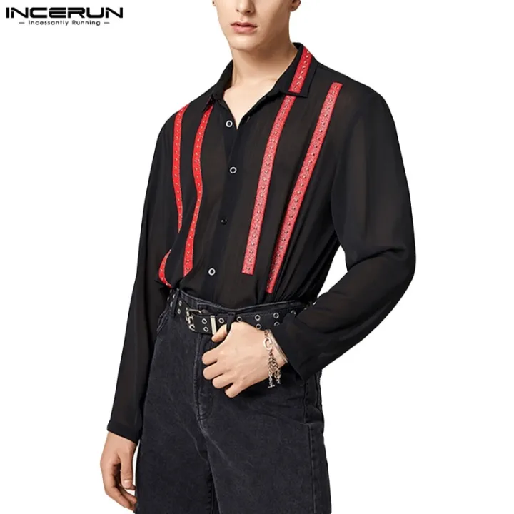 incerun-เสื้อเชิ้ตแขนยาวลําลอง-ผ้าตาข่ายซีทรู-คอปก-แฟชั่นสําหรับผู้ชาย