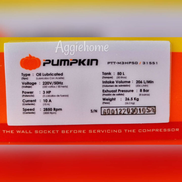 pumpkin-ปั้มลมโรตารี่-50-ลิตร-รุ่น-ptt-x3hp50-31551-220v-กำลัง-3hp-8บาร์-ปริมานลม-206l-min-ปั๊มลม-สูบลม-จัดส่ง-kerry