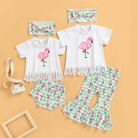 【YF】 FOCUSNORM Sister Matching Clothes Sets 3pcs 0-6Y Flamingo Print Short Sleeve Tassel T-Shirt   Long Flare Pants/Shorts Headband