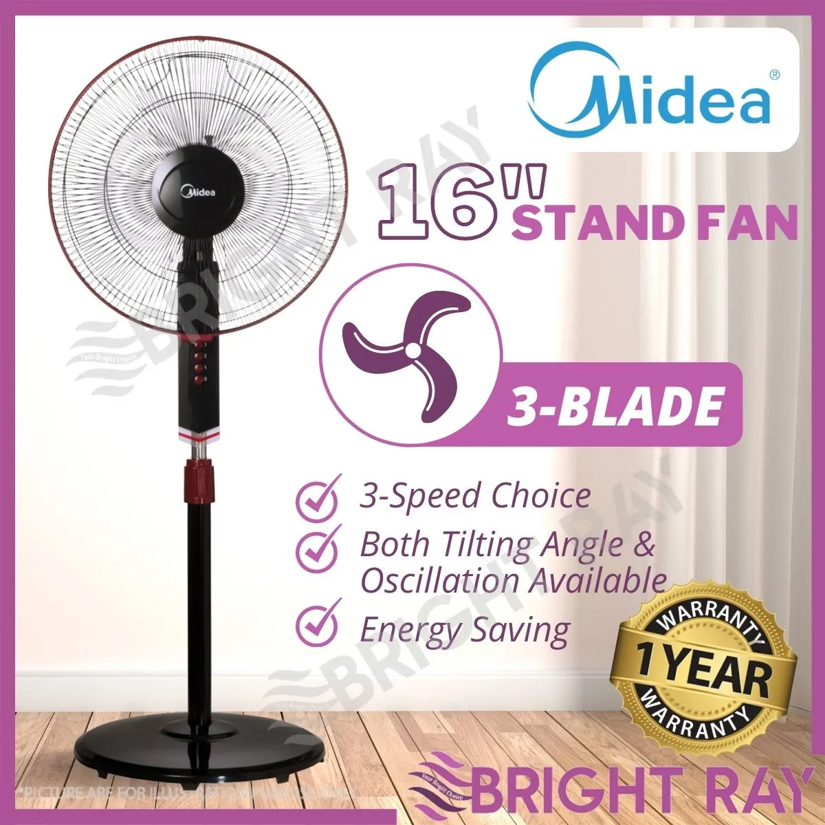 Midea Mf 16fs10n 3 Speed Choices 16 Inch Stand Fan Fan Kipas Angin Berdiri Lazada