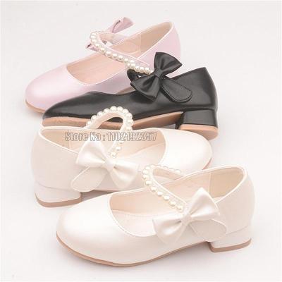 Spring Children Leather White Bow Girls High Heeled Princess Fashion Simple Catwalk Pearl Shoes