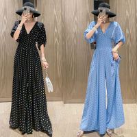 puff sleeve wide leg Jumpsuits for Women Korean holiday style dot Rompers