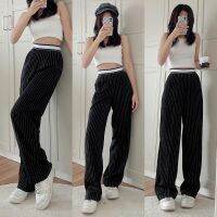 [A09]LauraShop??  กางเกงลายริ้วเอวสูงแต่งขอบเอวสุดชิครุ่นน้องHadid Pants??