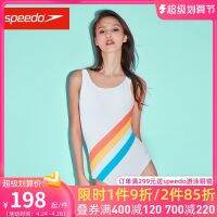 Speedo Speedo ชุดว่ายน้ำสตรีแบบชิ้นเดียวสีรุ้งสีขาวต่อต้านคลอรีนเซ็กซี่บางเฉียบแบบแห้งเร็ว