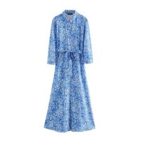 ZZOOI TRAF Women Chic Fashion Floral Print With Belt Midi Shirt Dress Vintage Three Quarter Sleeve Female Dresses Vestidos