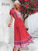 【YF】 IRosy Summer Maxi Boho Beach Dresses for Women 2023 Vintage High Waist Elegant Green Floral Long Bohemian Dress Female Clothing