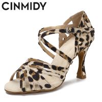 CINMIDY Leopard Print Dance Shoes Women Soft Sole Silk Satin Latin Dance Shoes For Girls Fashion Womens Sandals 7.5 CM Heels