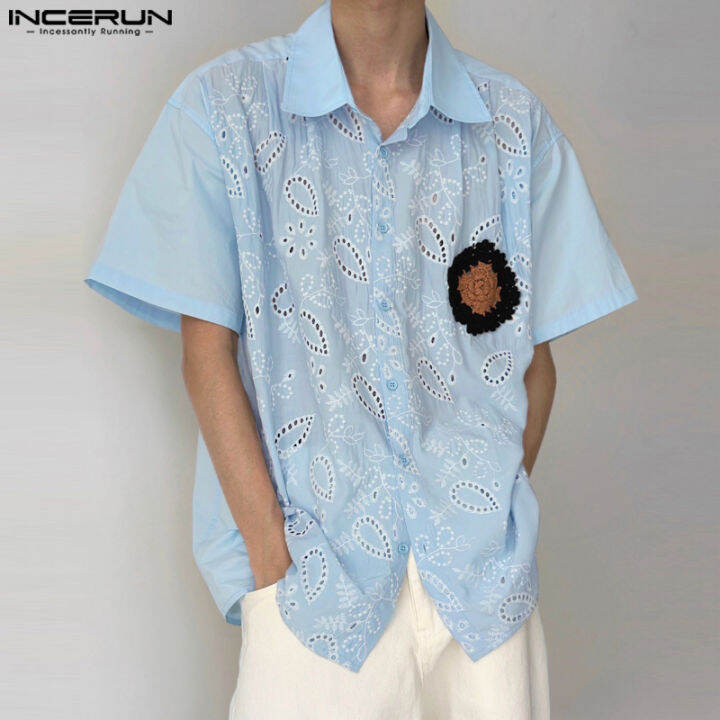 incerun-เสื้อถักแบบลำลองแฟชั่นผู้ชายแขนสั้น-เสื้อเสื้อปักลายกลวงออกปกเสื้อ-สไตล์เกาหลี