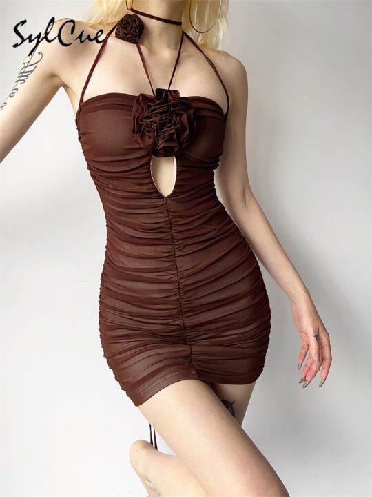 sylcue-black-mysterious-sexy-mature-party-intellectual-feminine-rose-decorative-folds-charming-tight-womens-tube-top-dress