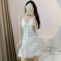 Ssummer Female Nightgown Sexy Backless Suspender Nightdress Lingerie Lace Print Sleepwear Dress Satin Dressing Gown Loungewear