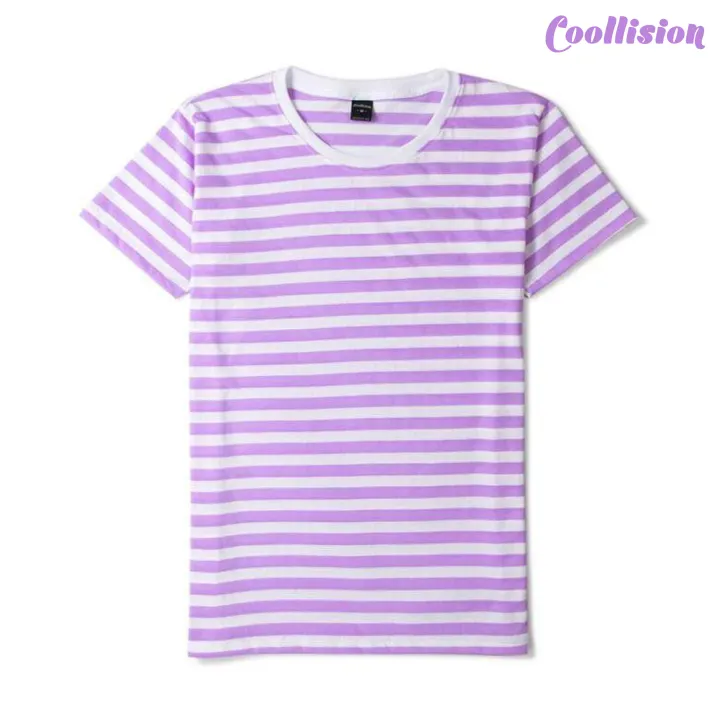 coollision-violet-1cm-พาสเทล-เสื้อลายทางสีม่วงอ่อนสลับสีขาว-ริ้ว-1-ซม-เสื้อยืดลายทางแขนสั้นคอกลม-unisex-ผ้าไม่ลื่น-ฝ้าย-สีไม่ตก-ไม่ย้วย-งานดี-ลา