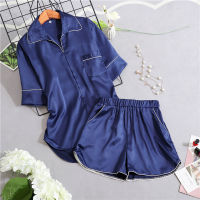 JULYS SONG Stain Pajamas Set Woman Summer Sleepwear 2 Pieces Pure Color Simple Casual Short-sleeved Shorts Pyjamas Loung Wear