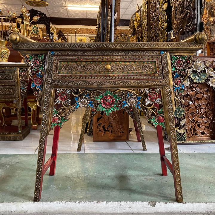 ขนาดใหญ่-โต๊ะวางพระ-กว้าง-95-x-สูง-90-ซม-ตู้ไม้แกะสลัก-สีทองโบราณ-มี-2ลาย-โต๊ะลายดอกพุด-ชั้นวางทีวี-ตู้ขาจีนโบราณ-tv-stand-wooden-table-antique