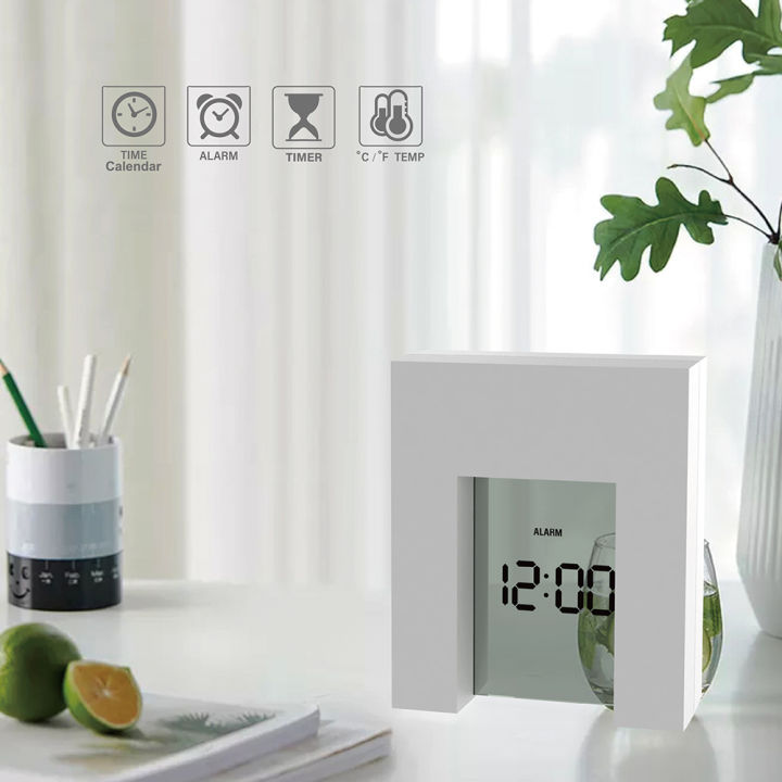 นาฬิกาปลุก-lcd-แบบตั้งโต๊ะดิจิตอลสีขาวพร้อมปฏิทิน-amp-อุณหภูมิ-amp-ตัวจับเวลานาฬิกาห้องนอนไฟฟ้าที่ทันสมัย-home