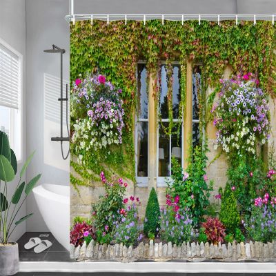 Street Flowers Shower Curtains Green Vine Plants Window Nature Scenery Garden Wall Hanging Home Bathroom Decoration with Hooks