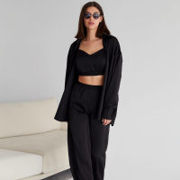 Restve Solid Women Robes 3 Piece Set Sexy Spaghetti Strap Crop Top Pajama Sets Female High Waist Trouser Sleepwear Autumn